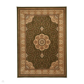 Heritage 4400 Traditional Medallion Floral Tonal Vine Border Soft Carved Hi-Low Durable Polypropylene Forest Green/Golden Beige/Cream Rug-Think Rugs-Rug Love - The Most Loved Rug Store